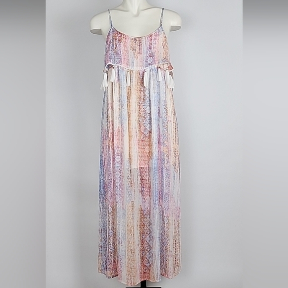 Design Lab Lord & Taylor Sleeveless Maxi Dress Pastel Multi Print Tassles Size M - Picture 1 of 14